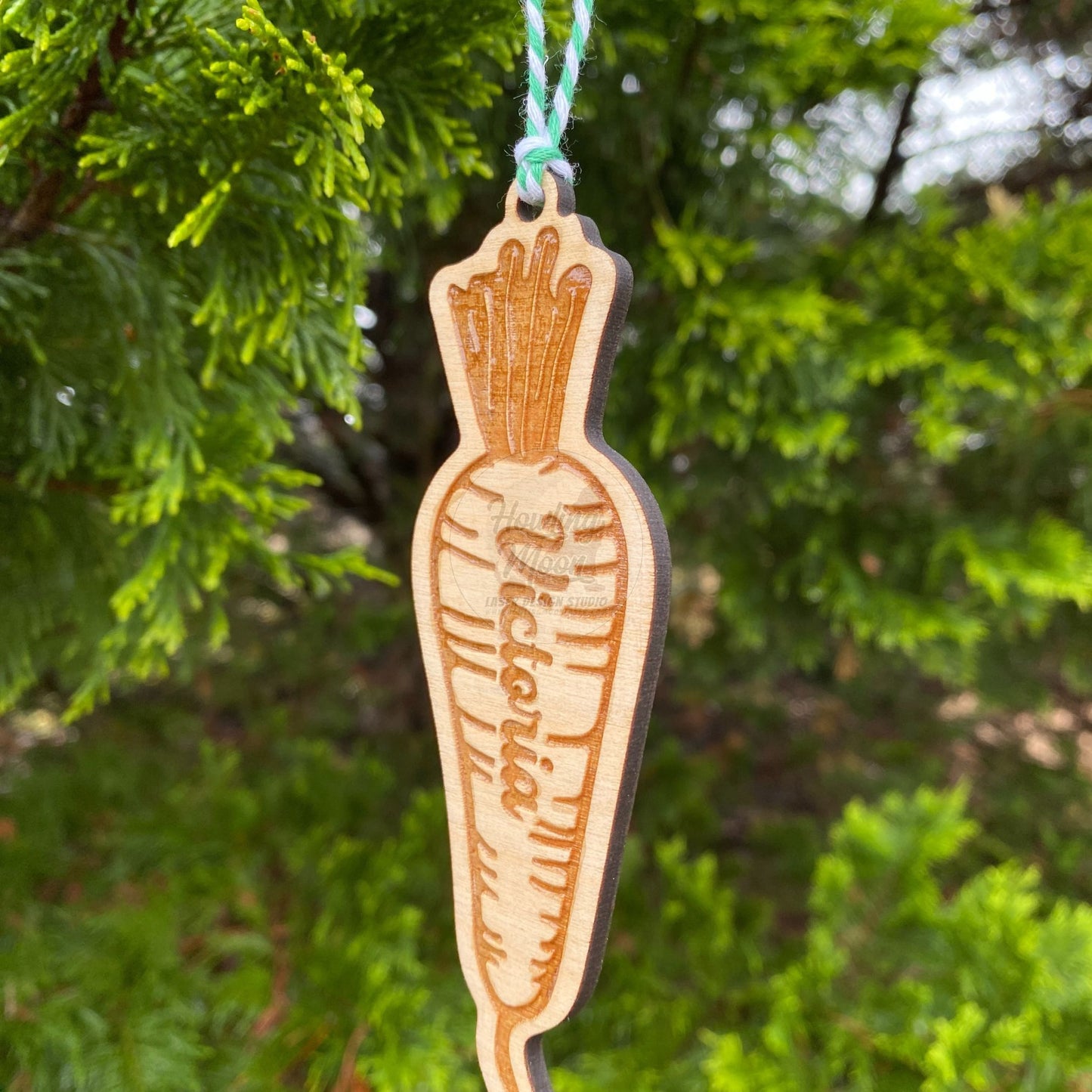 Personalized carrot ornament from Howling Moon Laser Design in Virginia USA.