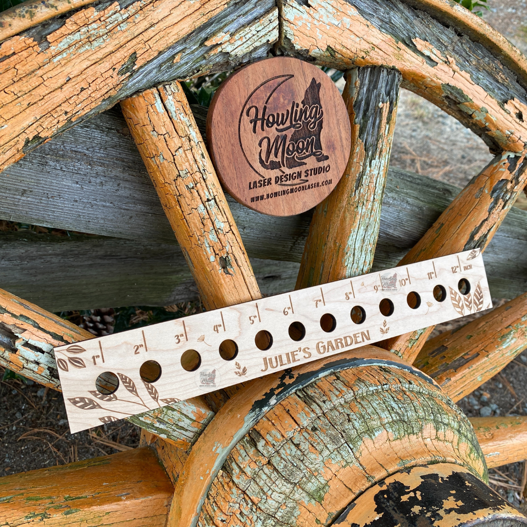 Personalized Boho Leaves Seed Spacing Ruler from Howling Moon Laser Design