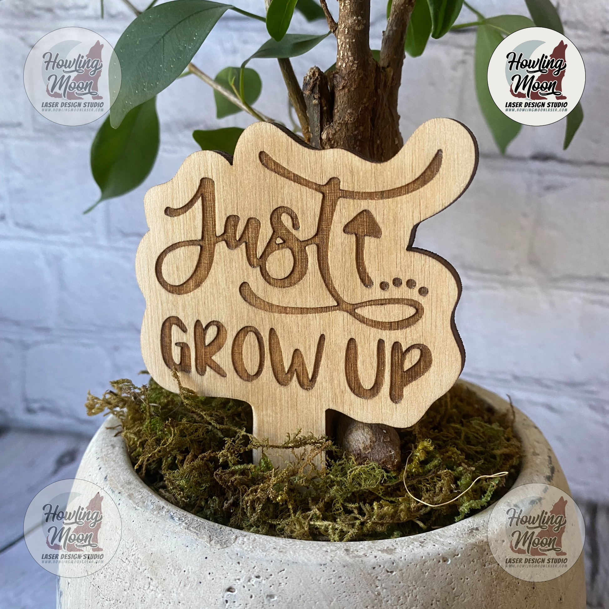 Just Grow Up Funny Plant Marker Howling Moon Laser Design Virginia USA