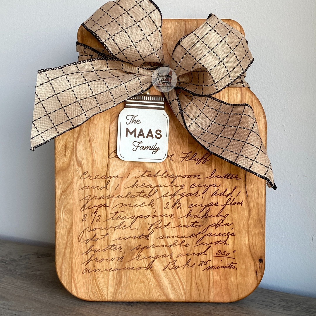 Custom cutting boards make beautiful heirloom gifts featuring handwritten recipes and monograms made in Virginia USA