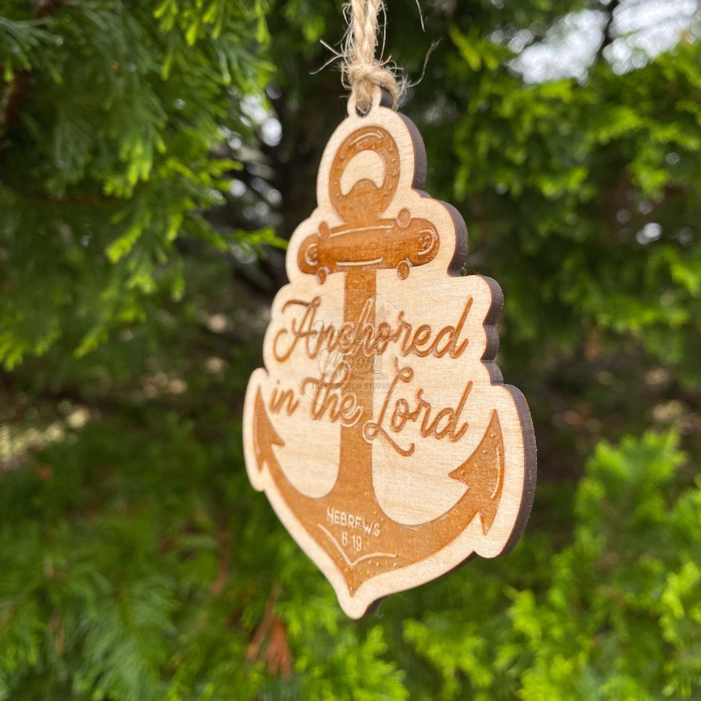 Anchored in the Lord Nautical Ornament, featuring verse Hebrews 6:19 is handcrafted by Howling Moon Laser Design in Virginia, USA