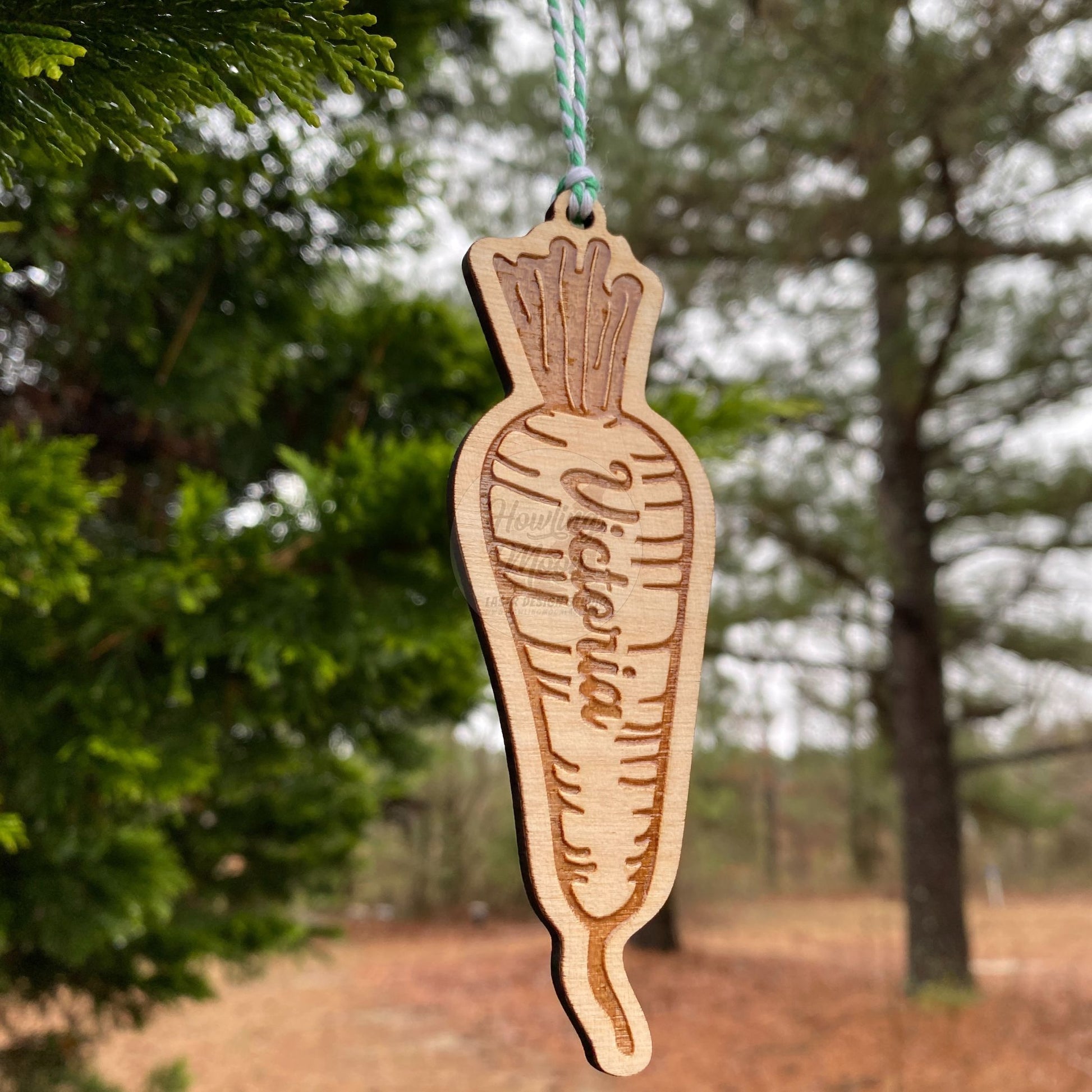 Personalized carrot ornament from Howling Moon Laser Design in Virginia USA.
