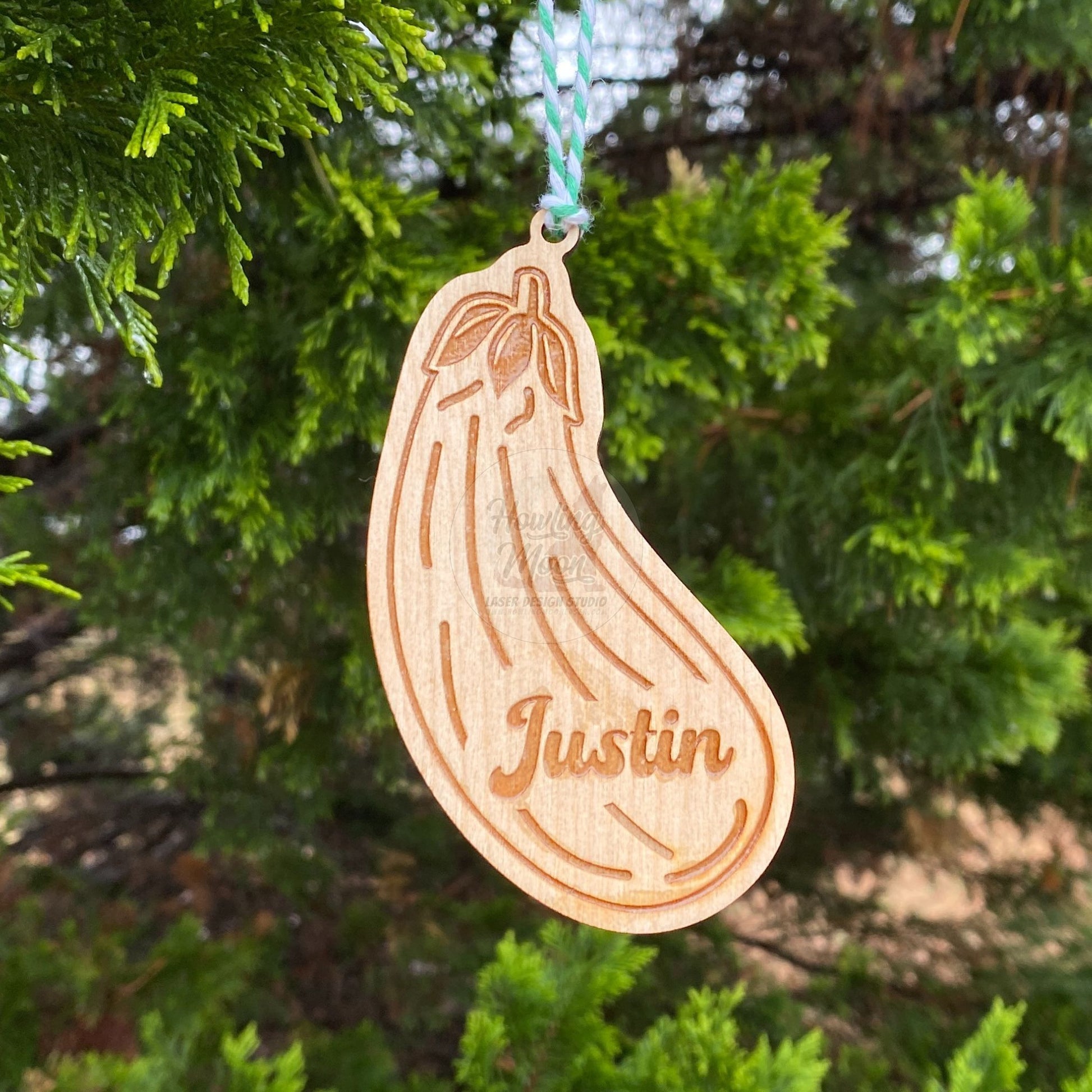 Personalized eggplant ornament from Howling Moon Laser Design Studio in Virginia USA