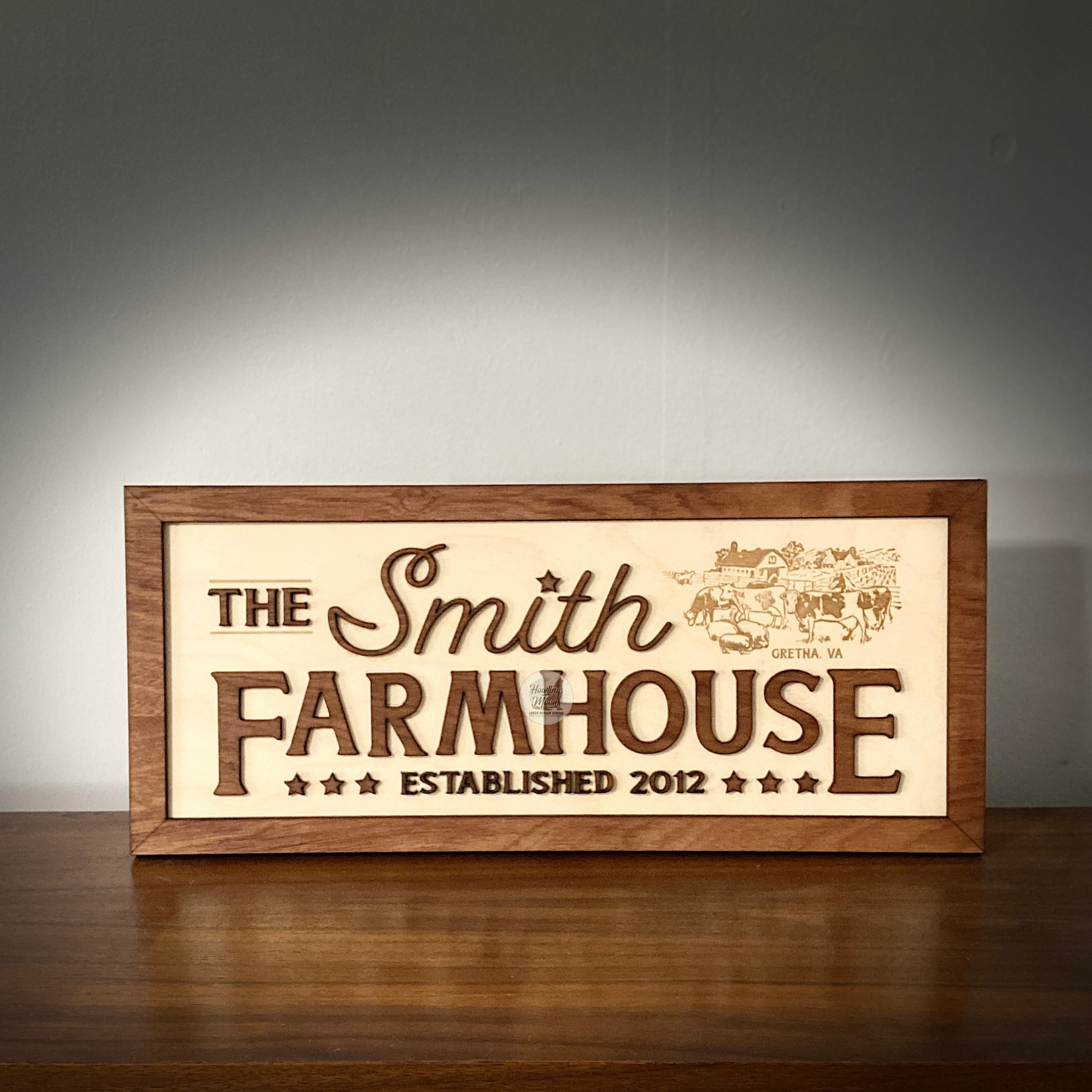 Family Farmhouse Sign from Howling Moon Laser Design on the fireplace mantel