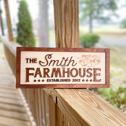 Family Farmhouse Sign from Howling Moon Laser Design sitting on the porch railing