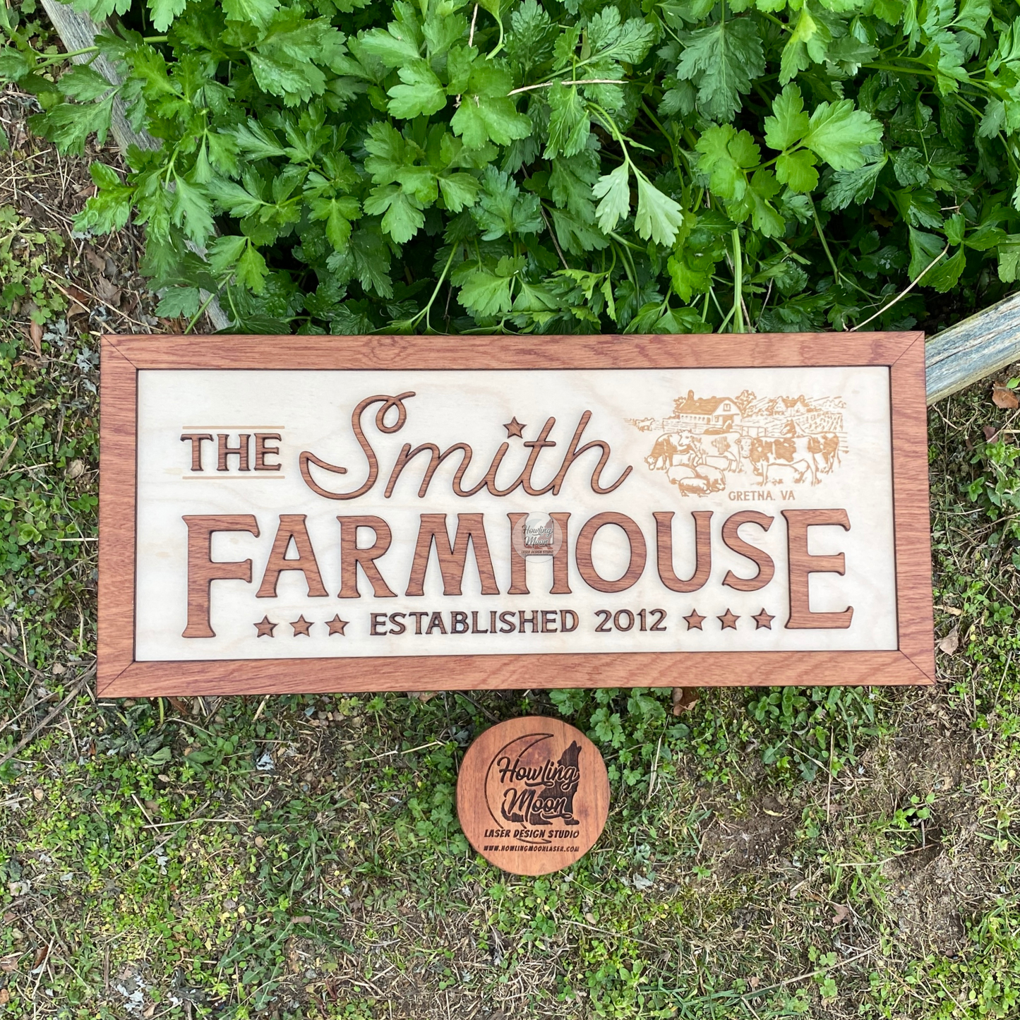 Family Farmhouse Sign from Howling Moon Laser Design in the garden with parsley
