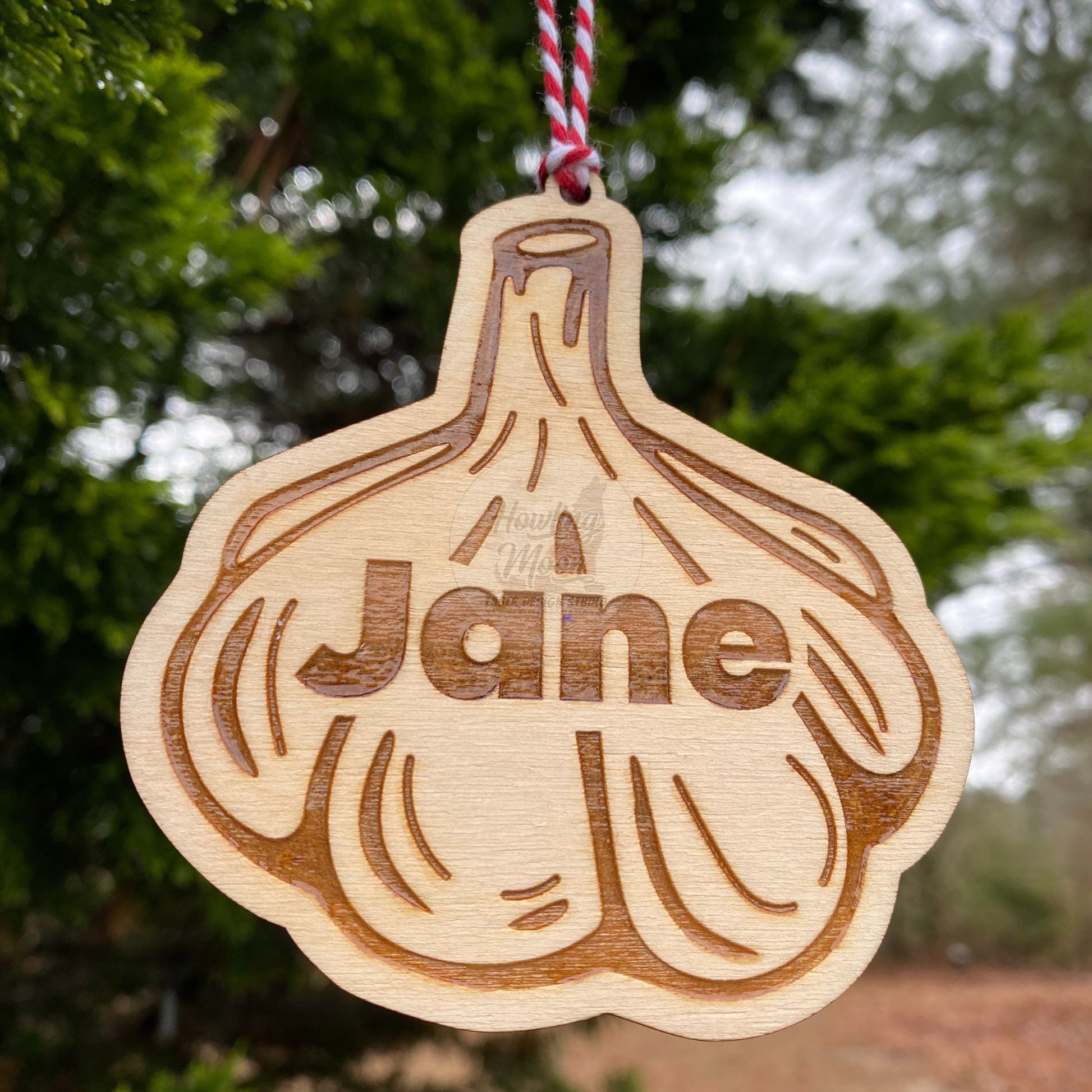 Close up of Personalized garlic ornament hangs from a tree branch with red & white twine. Handcrafted by Howling Moon Laser Design Studio in Virginia, USA