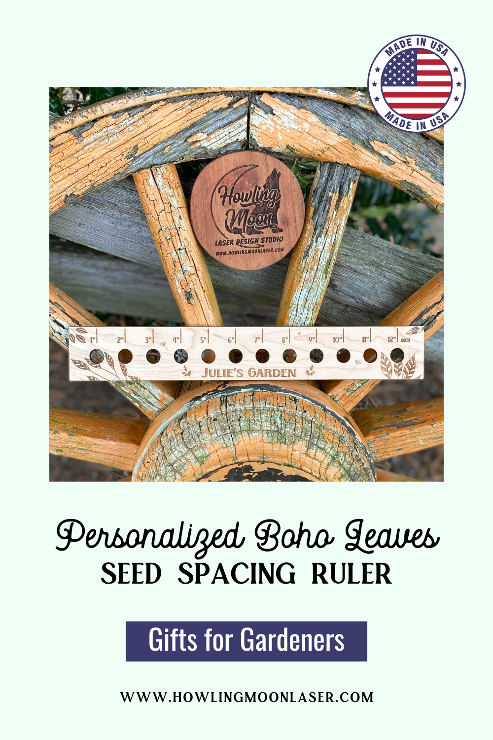 Personalized Boho Leaves Seed Spacing Ruler Howling Moon Laser Design Virginia USA