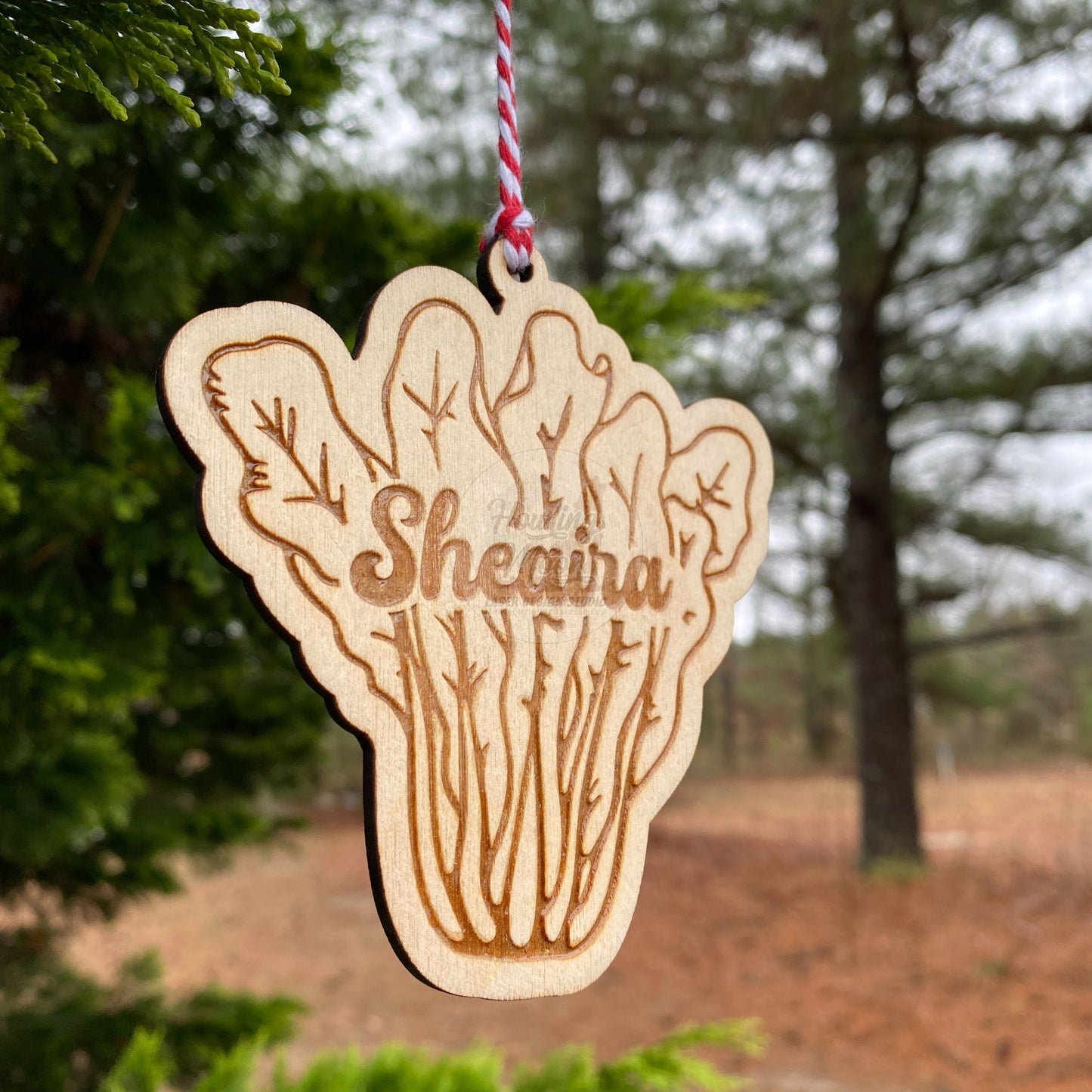 Close up of Personalized romaine lettuce ornament from Howling Moon Laser Design in Virginia, USA