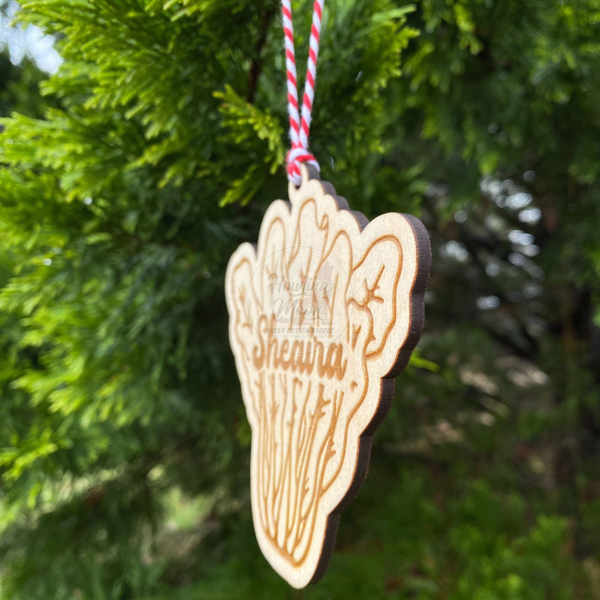 Side view of Personalized romaine lettuce ornament from Howling Moon Laser Design in Virginia, USA
