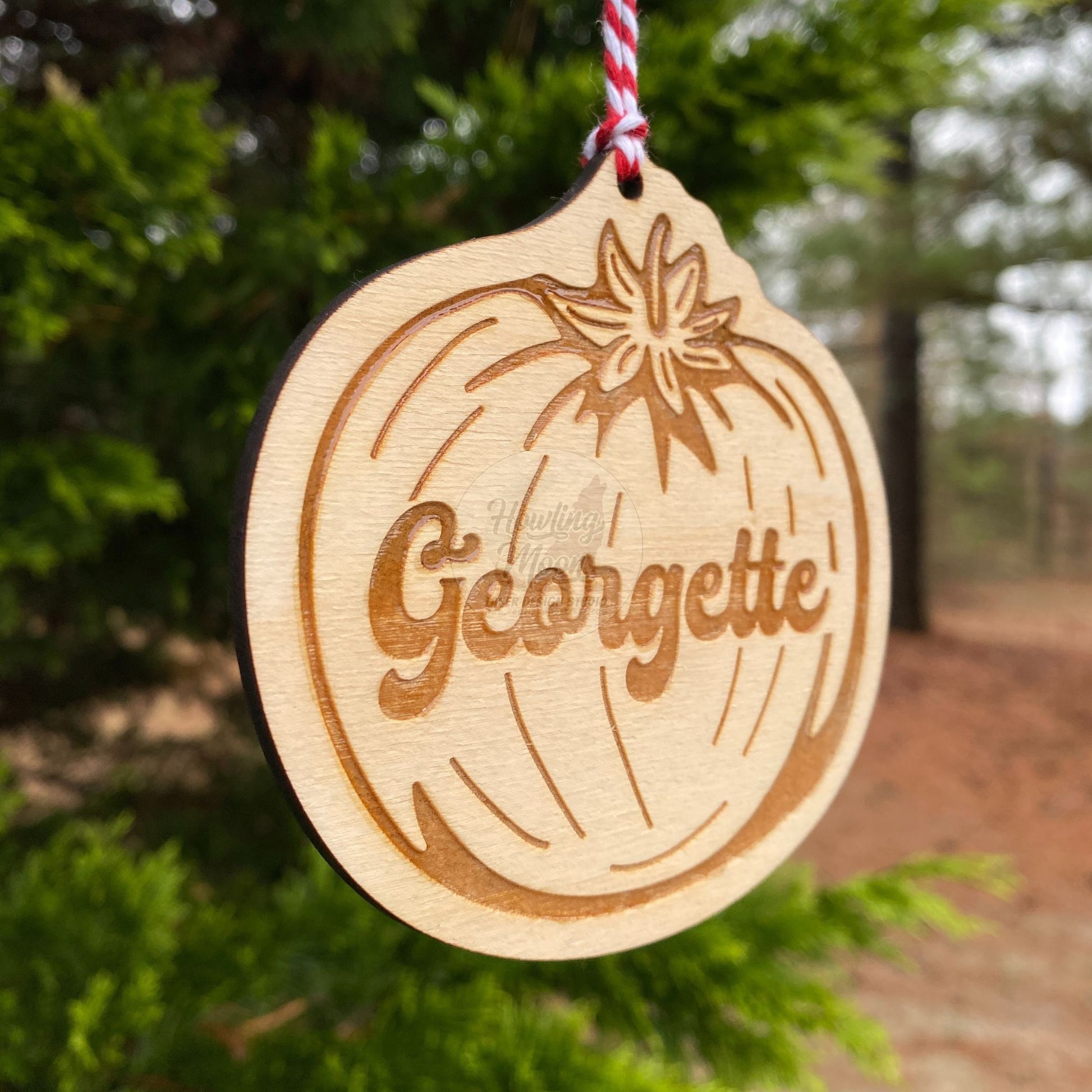Close up of Personalized Tomato Ornament from Howling Moon Laser Design in Virginia, USA