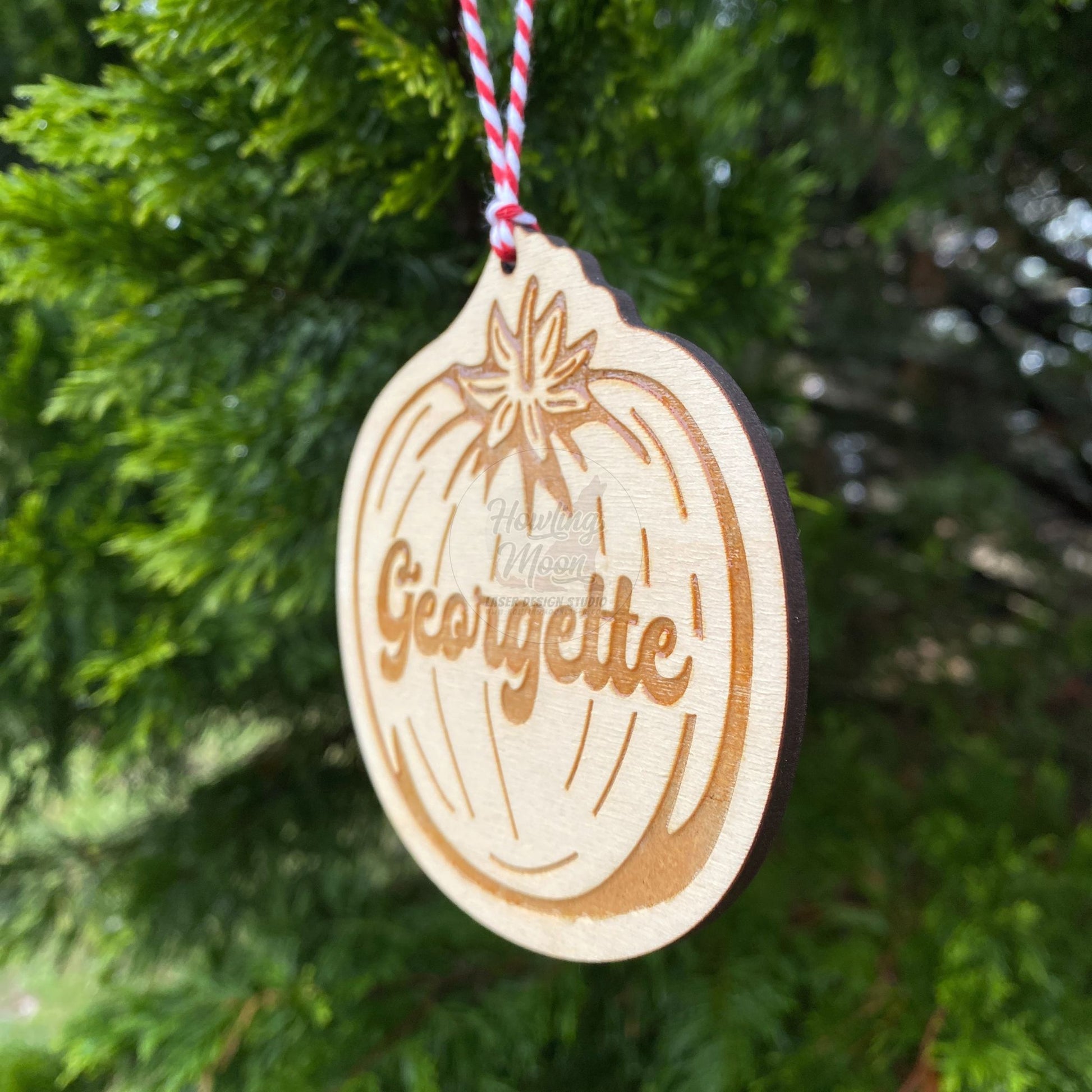 Side view of Personalized Tomato Ornament from Howling Moon Laser Design in Virginia, USA