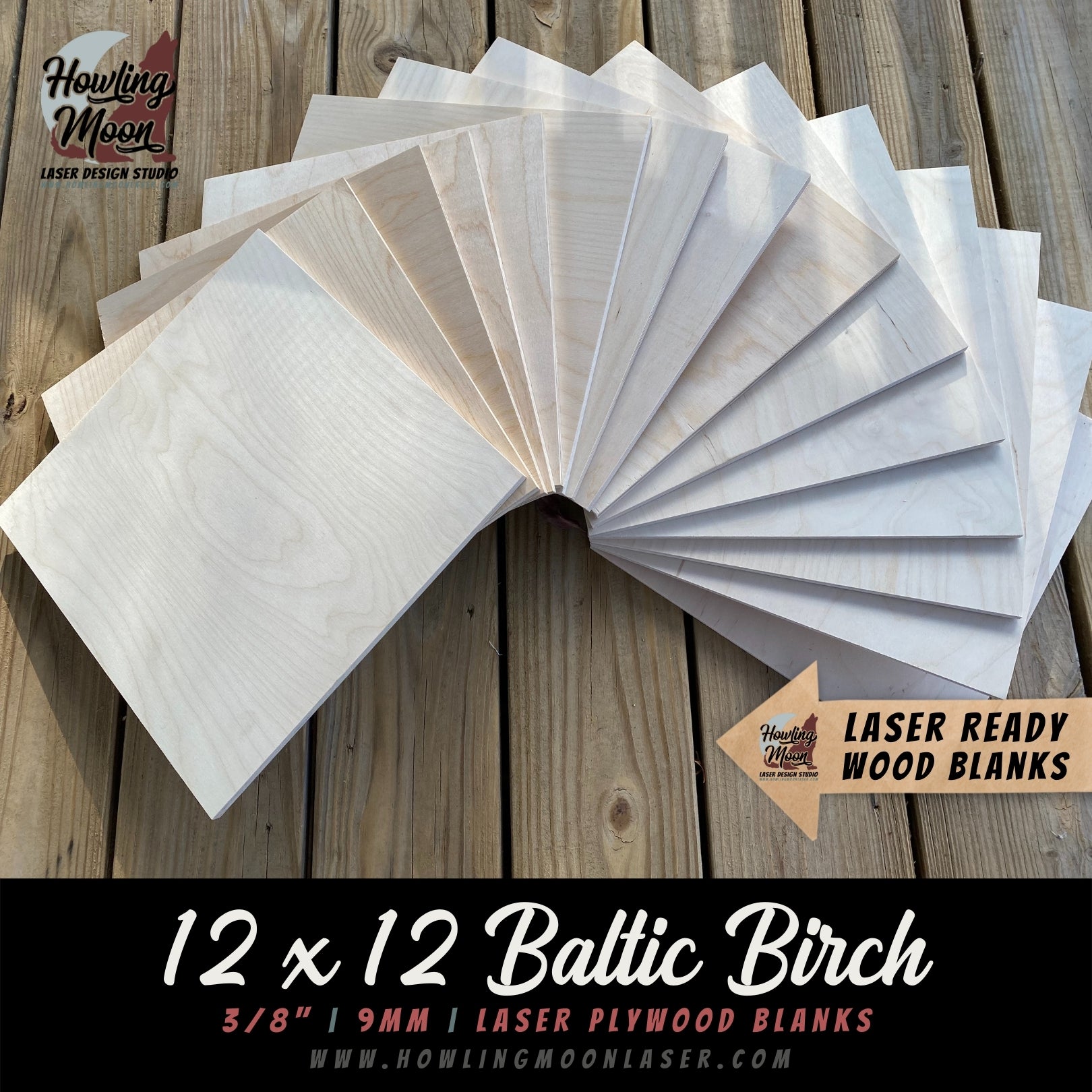 12 x 12 inch Baltic Birch Plywood Blank Squares for Laser Engravers, CNC, Crafters from Howling Moon Laser Design
