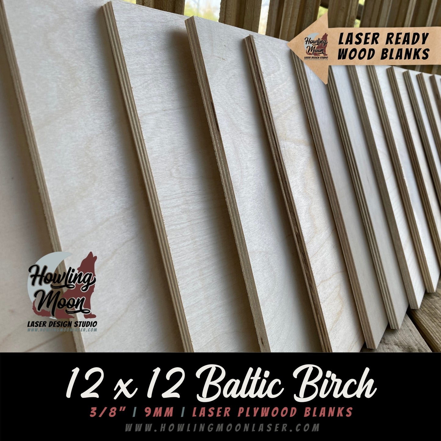Side view of 12 x 12 inch Baltic Birch Plywood Blank Squares for Laser Engravers, CNC, Crafters from Howling Moon Laser Design Virginia USA