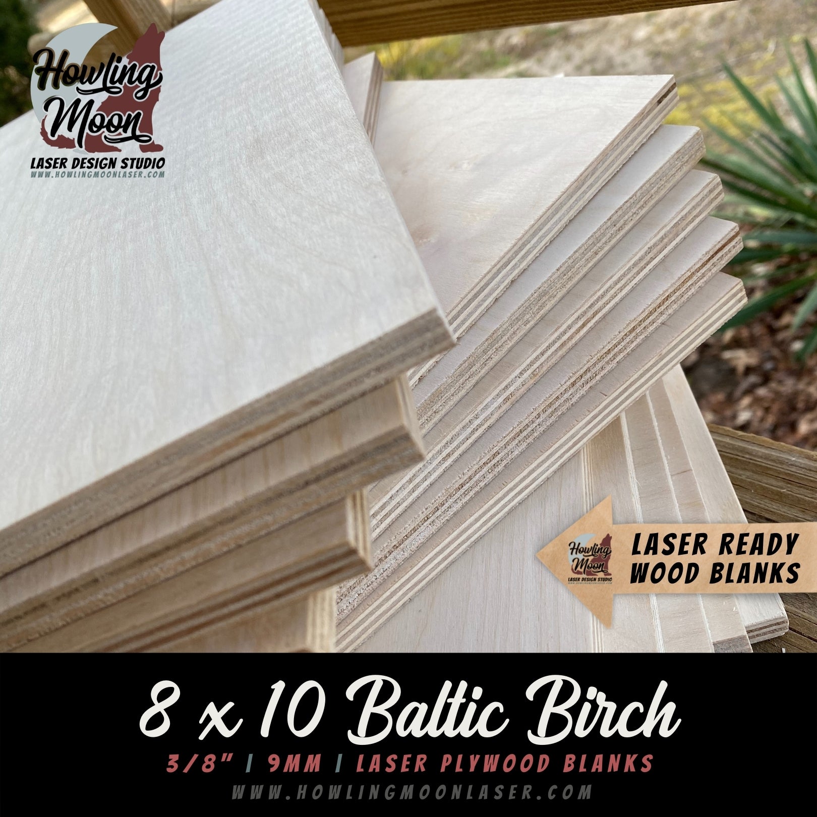 Laser ready wood blanks including these 8 x 10 inch Baltic Birch Plywood Blanks for Laser Engravers, CNC, Crafters from Howling Moon Laser Design Virginia USA