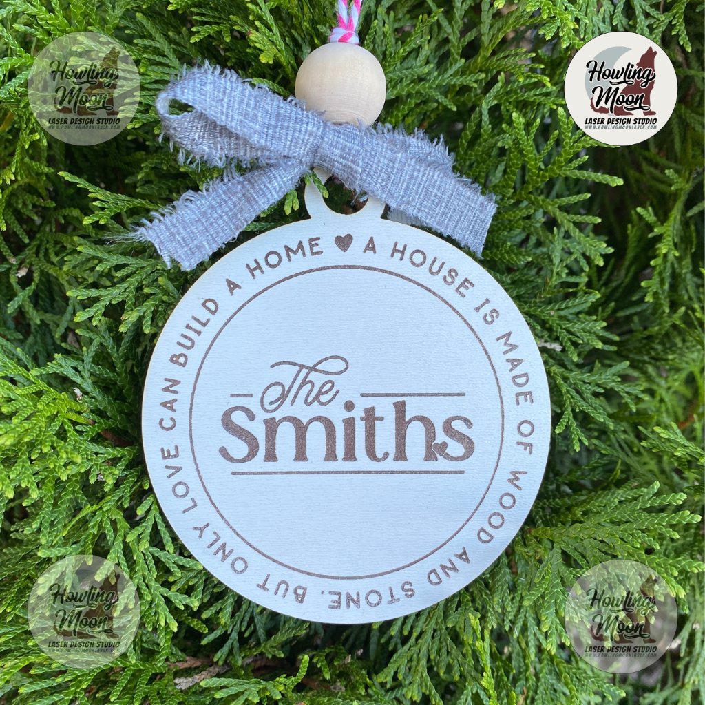 Only Love Can Build a Home Personalized Family Ornament makes a beautiful gift for any occasion. Featuring an endearing quote created by Howling Moon Laser Design in Virginia, USA. 