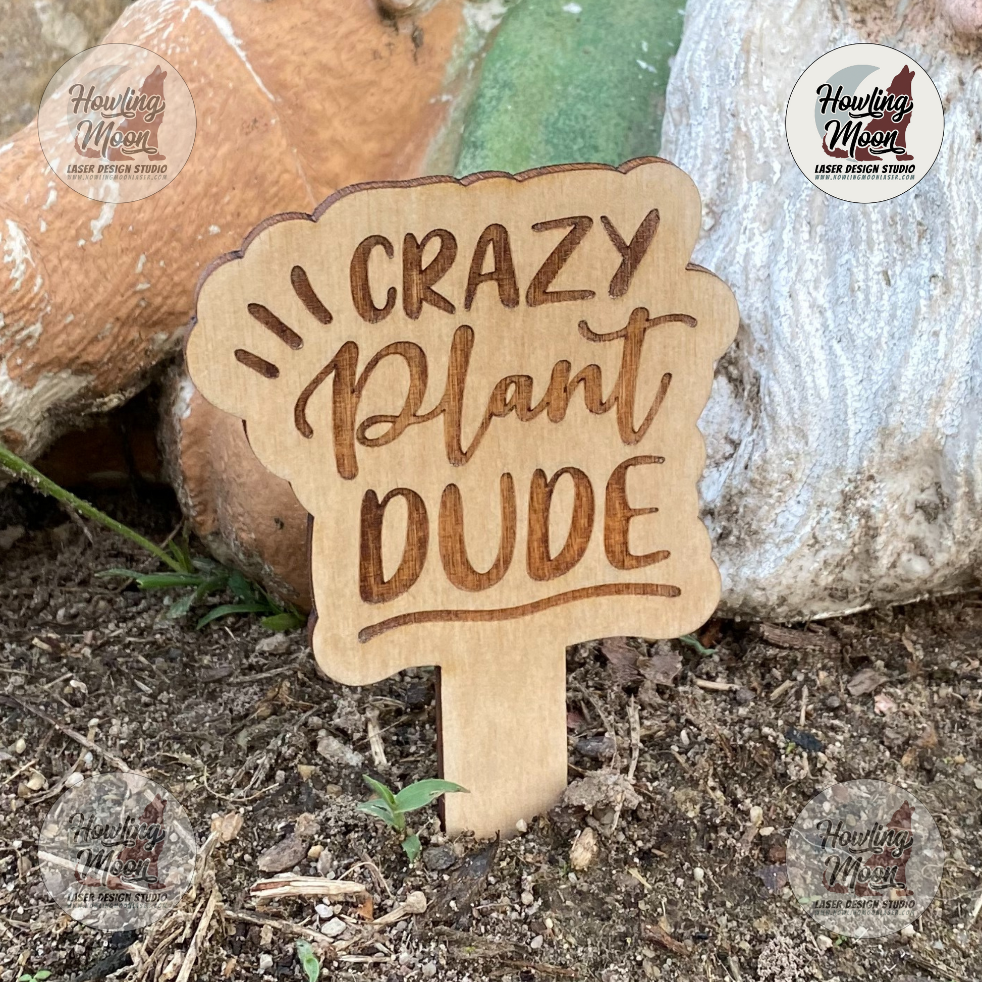 Crazy Plant Dude Garden Stake is a great gift for Gardeners - handmade by Howling Moon Laser Design